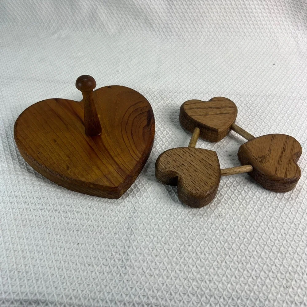 Vintage Wood Heart Wall Hook Peg and Triple Heart Trivet Set Rustic Farmhouse